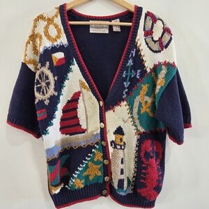 Vintage ASHLEY Women Hand Knit Sailboat Nautical Short Sleeve Cardigan- Petite M